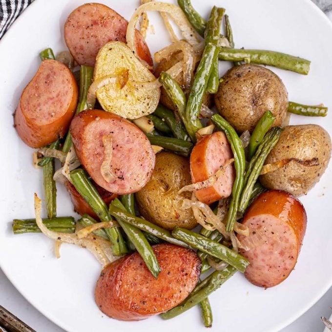 close up overhead shot of a serving of Sausage Green Bean Potato Casserole on a plate