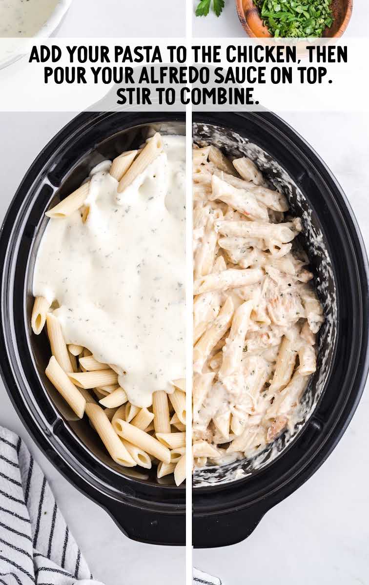 alfredo sauce being poured on chicken in a crockpot