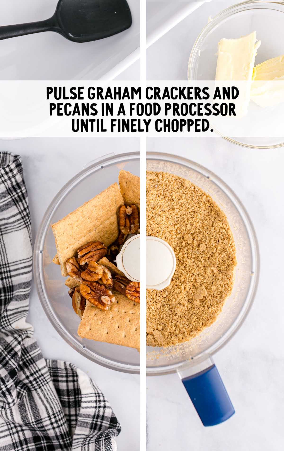 Graham crackers and pecans being pulsed in a food processor