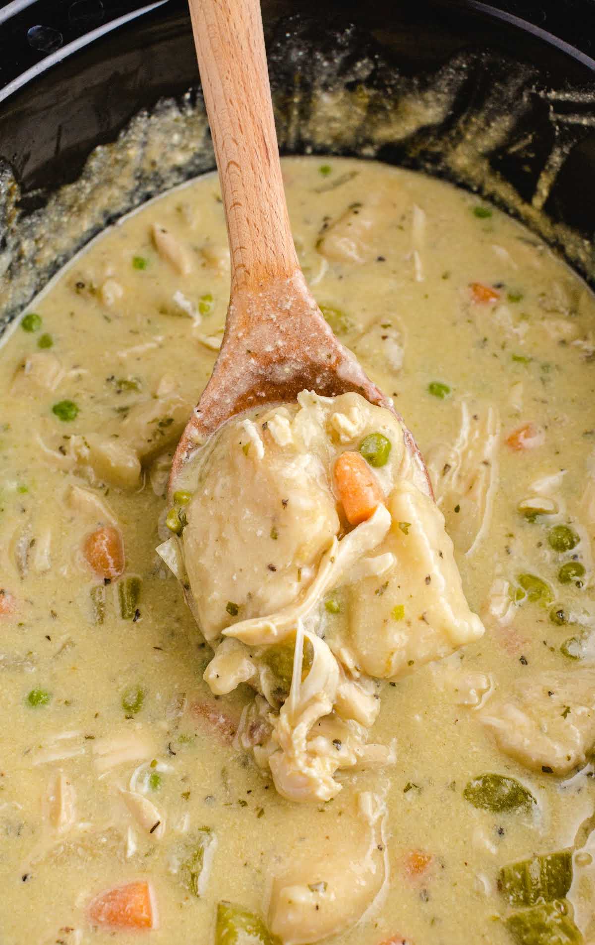 a crockpot full of chicken and dumplings