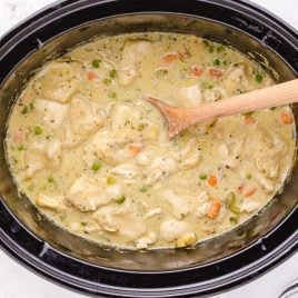 chicken and dumplings in crockpot with a wooden spoon inside