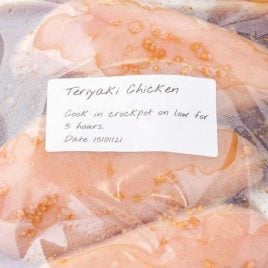 close up shot of a labeled bag of crockpot teriyaki chicken
