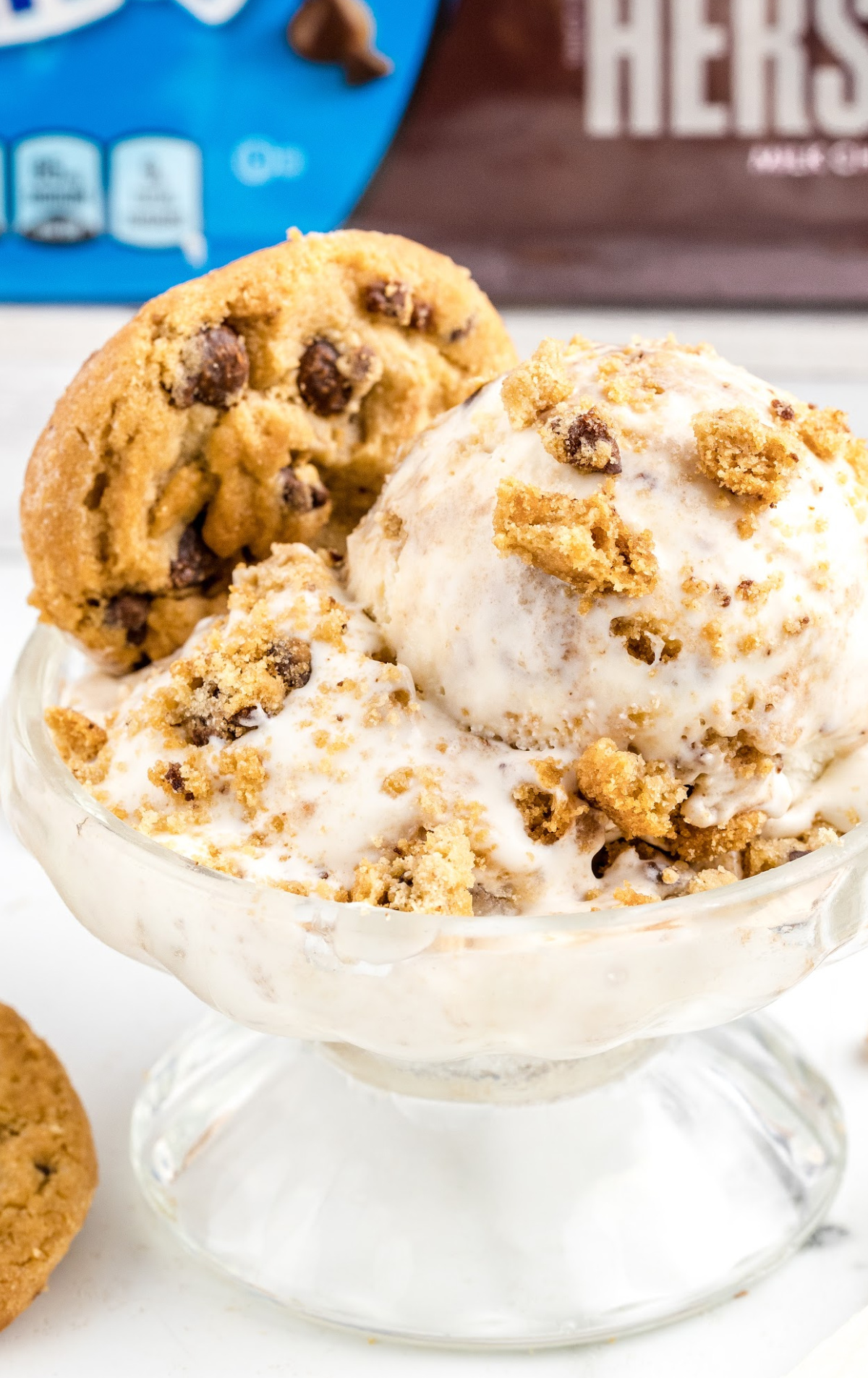 A bowl of chocolate chip cookie ice cream and a cookie is in the bowl, too. 