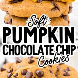 A stack of soft Pumpkin Chocolate Chip Cookies with gooey chocolate chips, and more cookies displayed in front. Text reads: Soft Pumpkin Chocolate Chip Cookies. Vintage Recipe! Try this classic Pumpkin Chocolate Chip Cookies Recipe for the perfect fall treat.