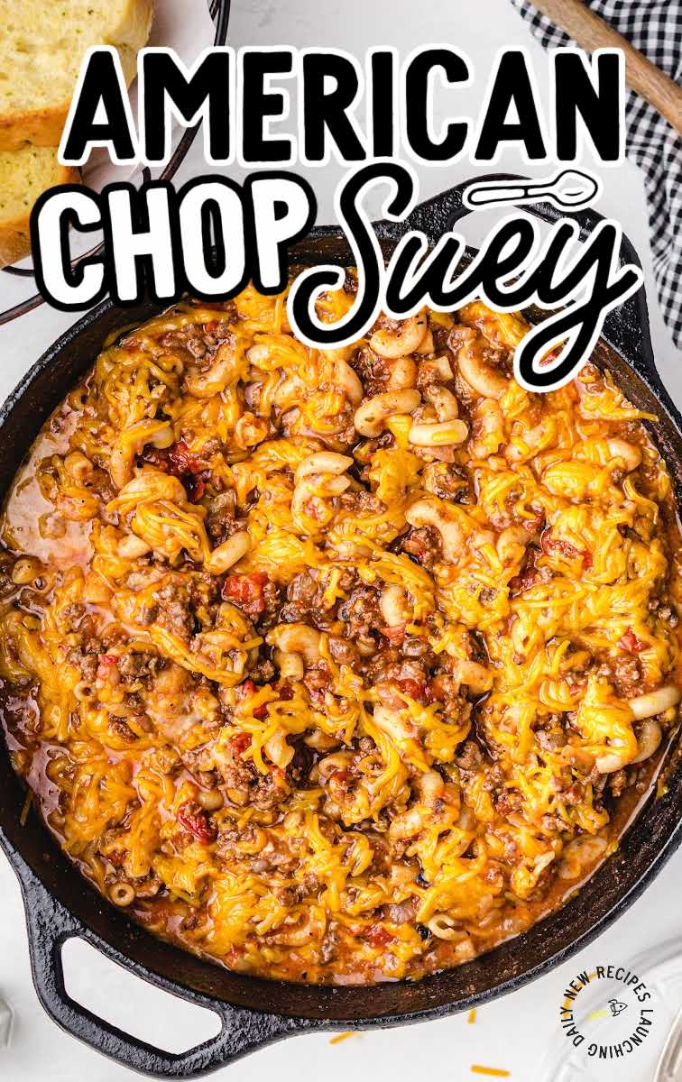close up overhead shot of American Chop Suey in a skillet