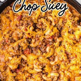 close up overhead shot of American Chop Suey in a skillet