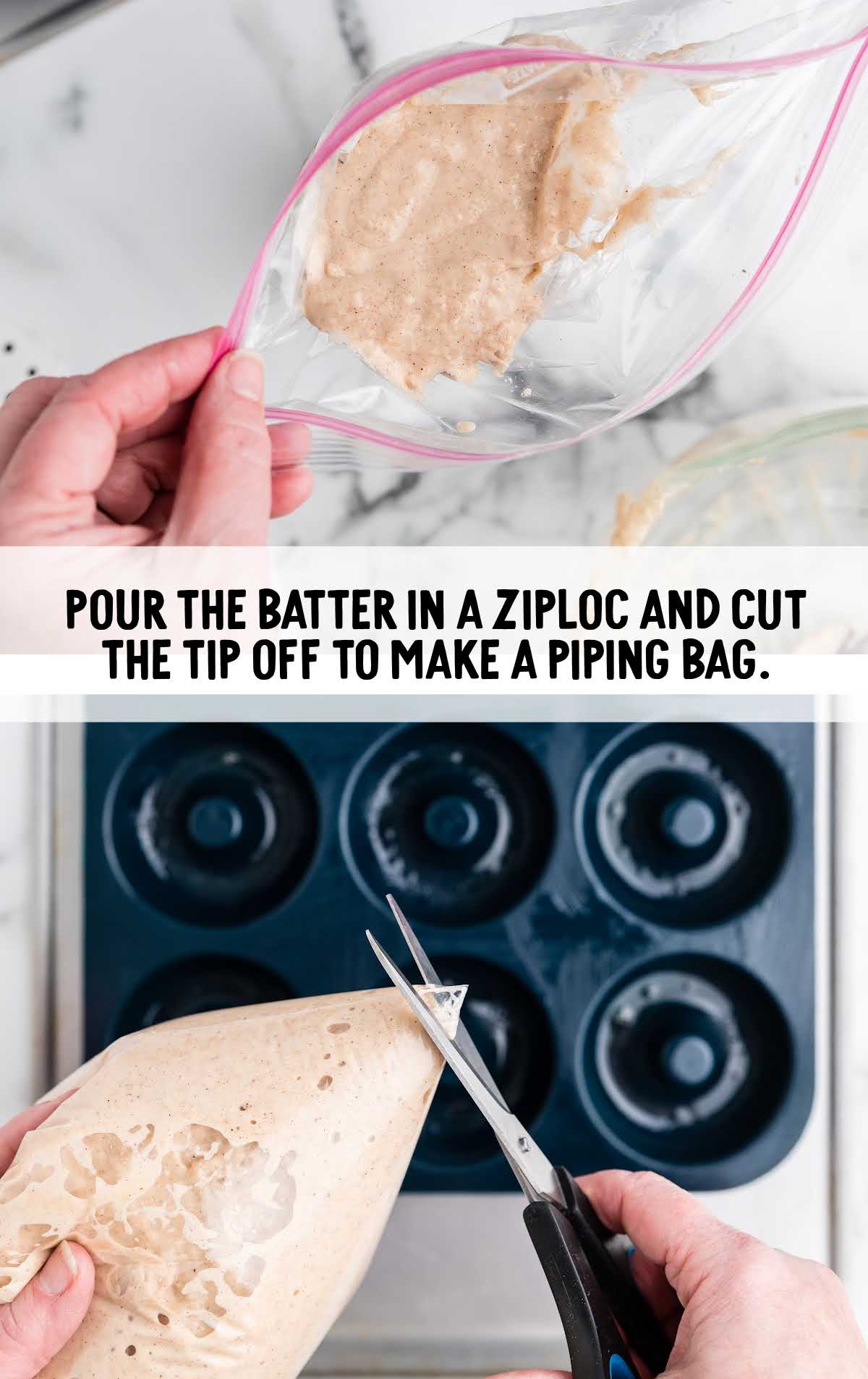 batter poured into a ziplock bag and the tip cut off of bag to make a piping bag
