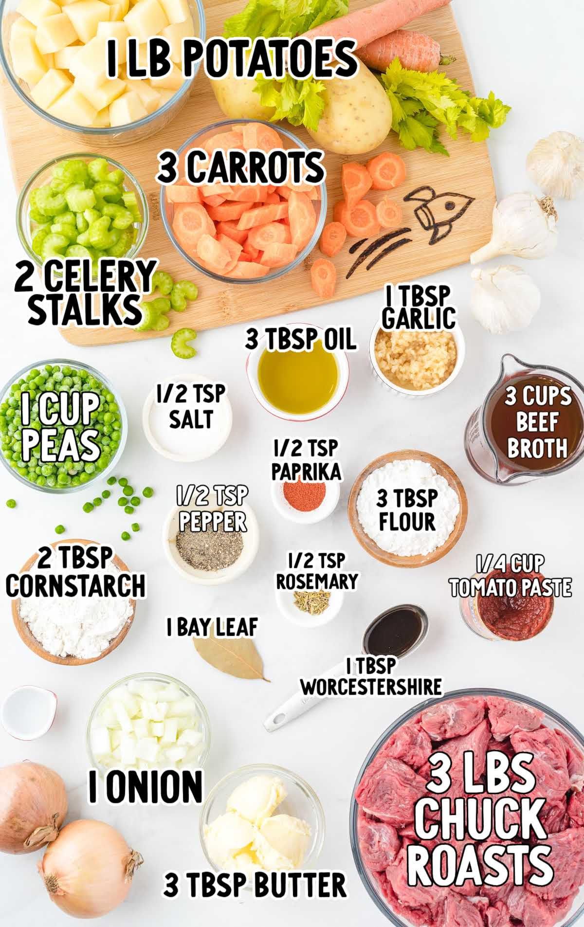 Overhead image of measured ingredients for beef stew including carrots, potatoes, celery, beef broth, and chuck roast.