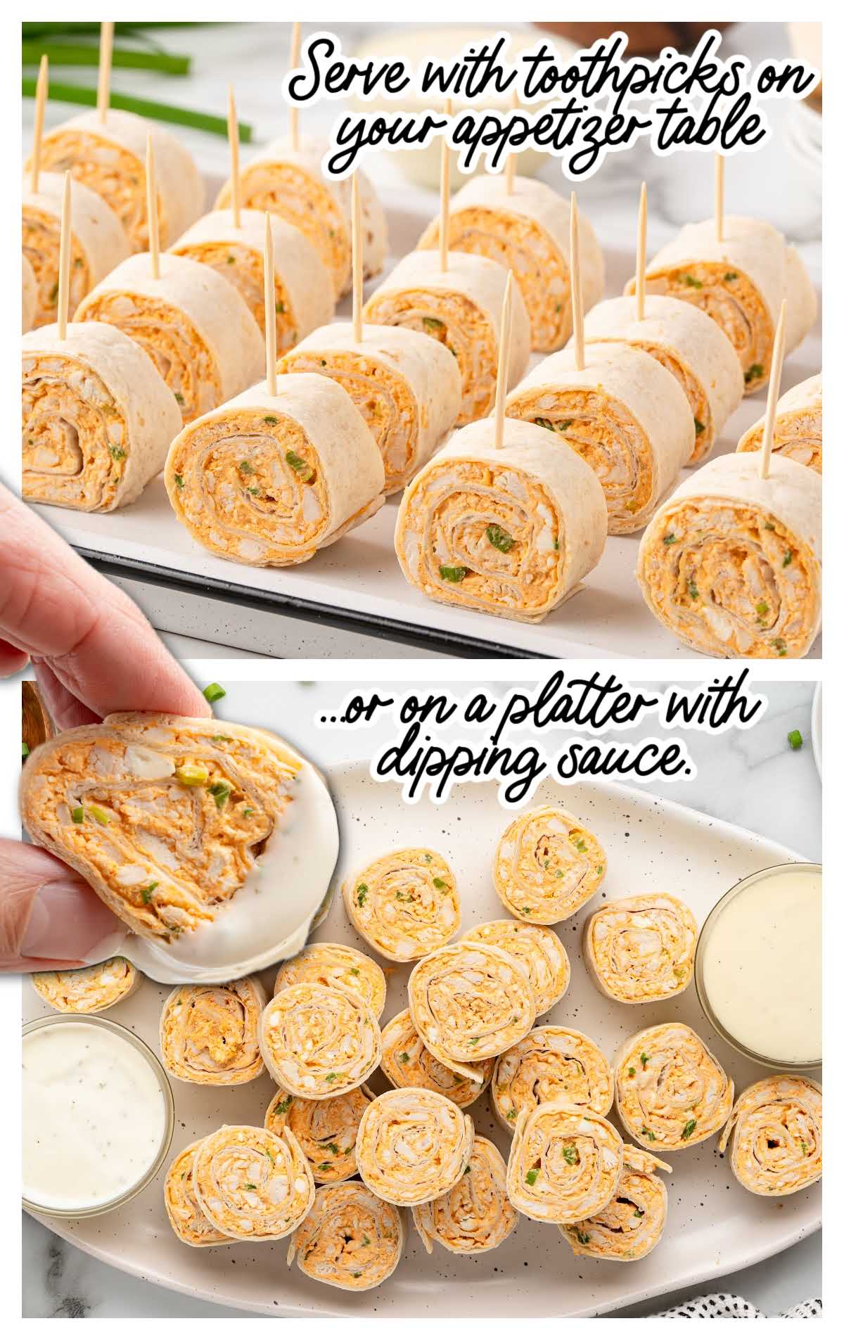 Buffalo chicken pinwheels served on a platter with dipping sauce and toothpicks for easy appetizer serving.
