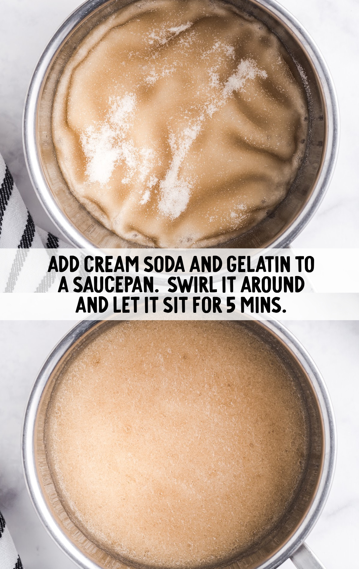 Add the cream soda and gelatin to a pan.