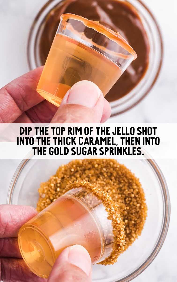 shot glass being dipped in caramel then sugar sprinkles
