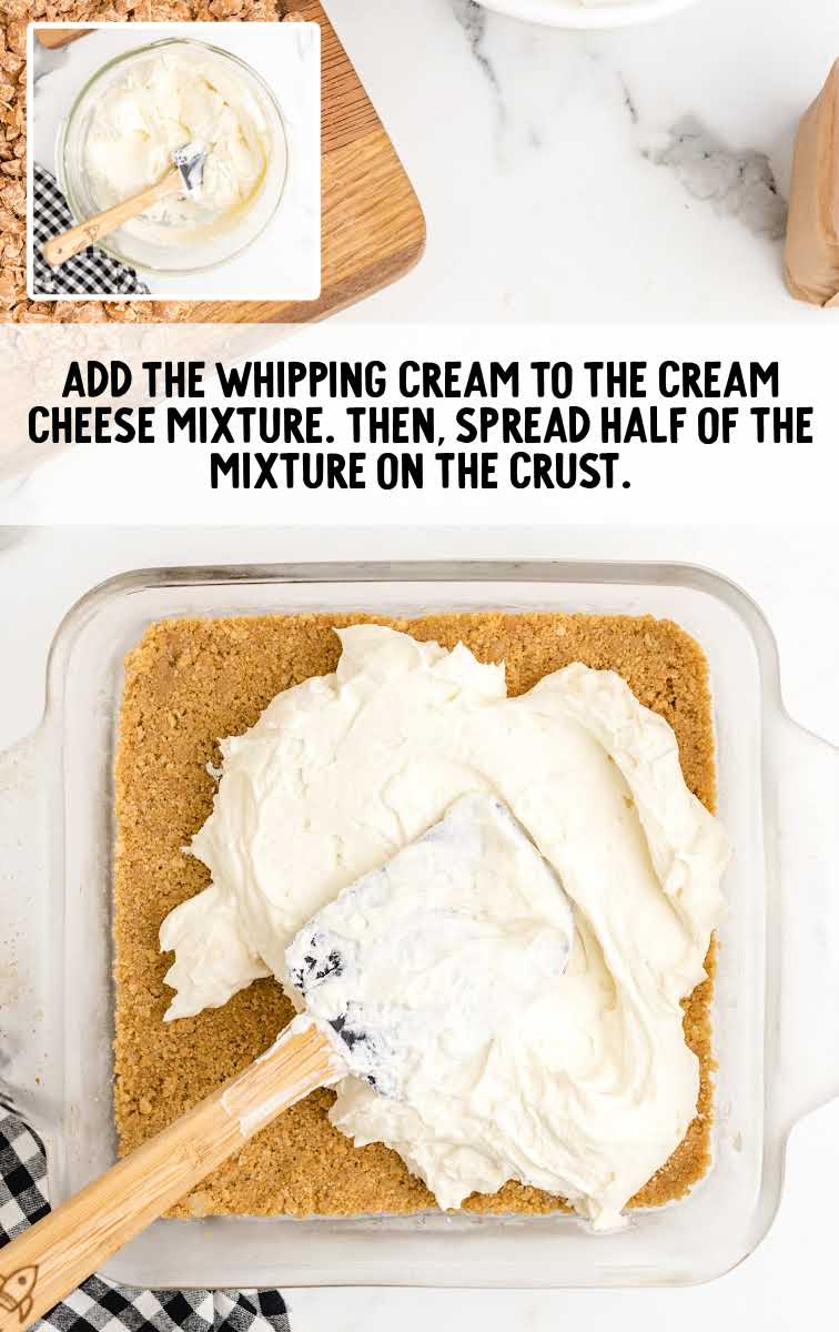 whipped cream added to the cream cheese mixture and spread on top of the crust mixture