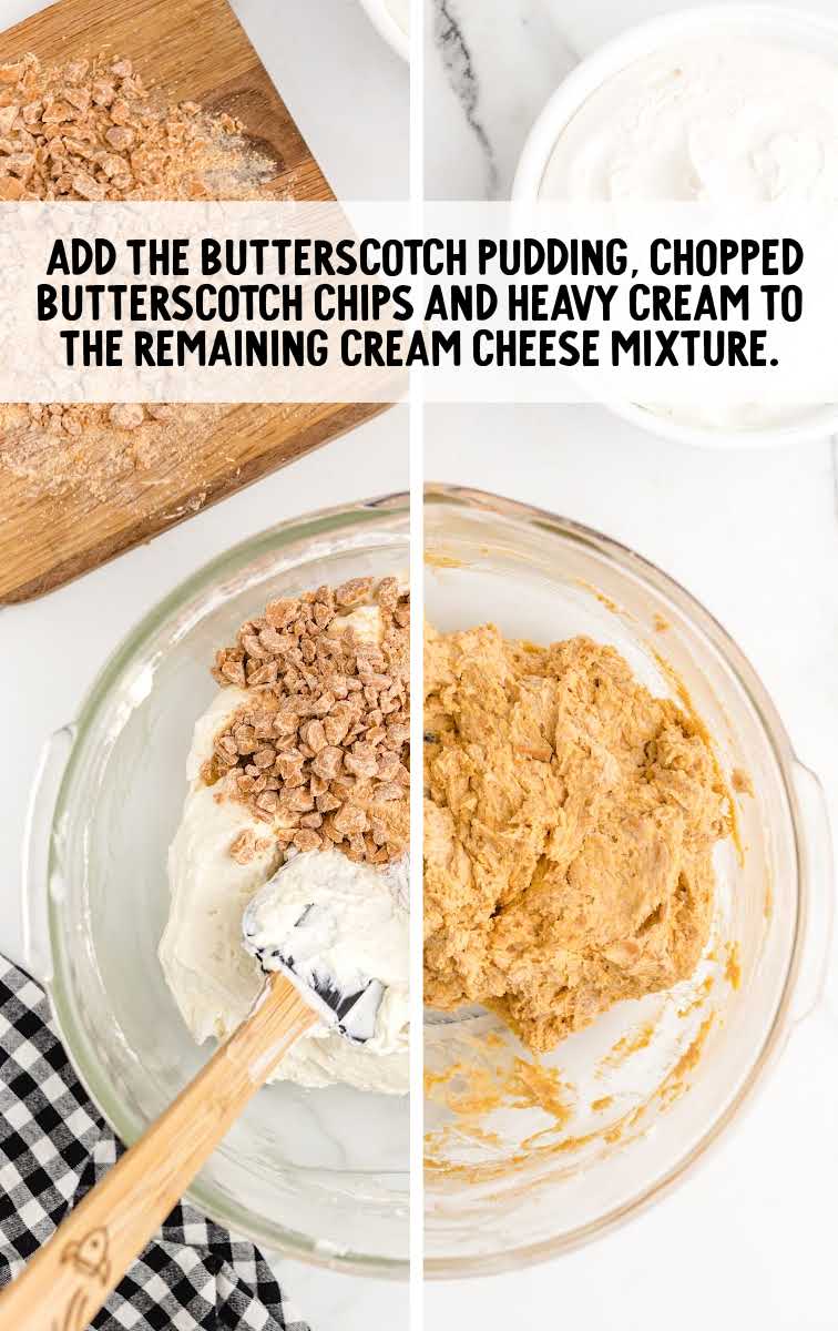 instant butterscotch pudding, butterscotch chips, and whipping cream combined in a bowl