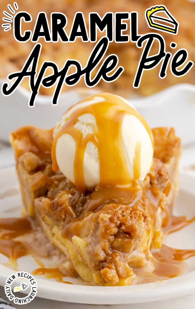 close up shot of a slice of caramel apple pie topped with vanilla ice cream and drizzled with caramel sauce on a plate