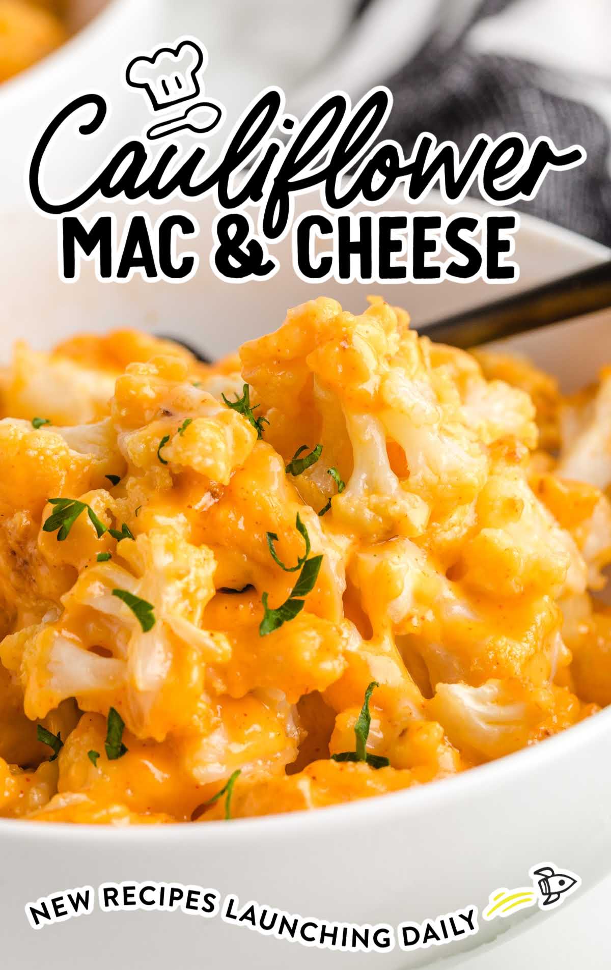 close up shot of a bowl of Cauliflower Mac and Cheese topped with parsley