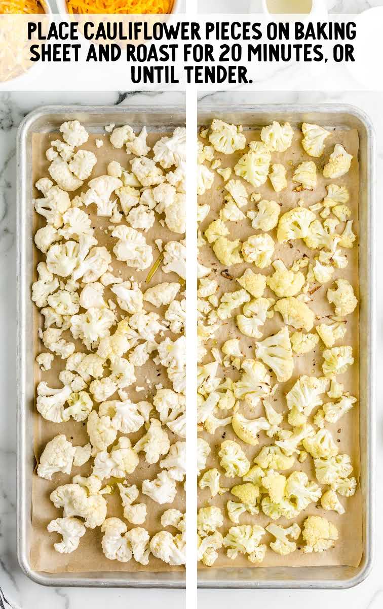 cauliflower pieces on a baking sheet and being roasted
