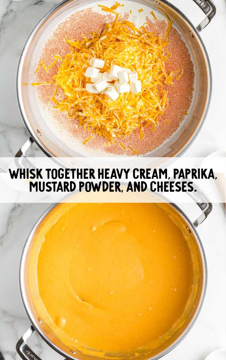 heavy cream, paprika, mustard powder, and cheese in a pot