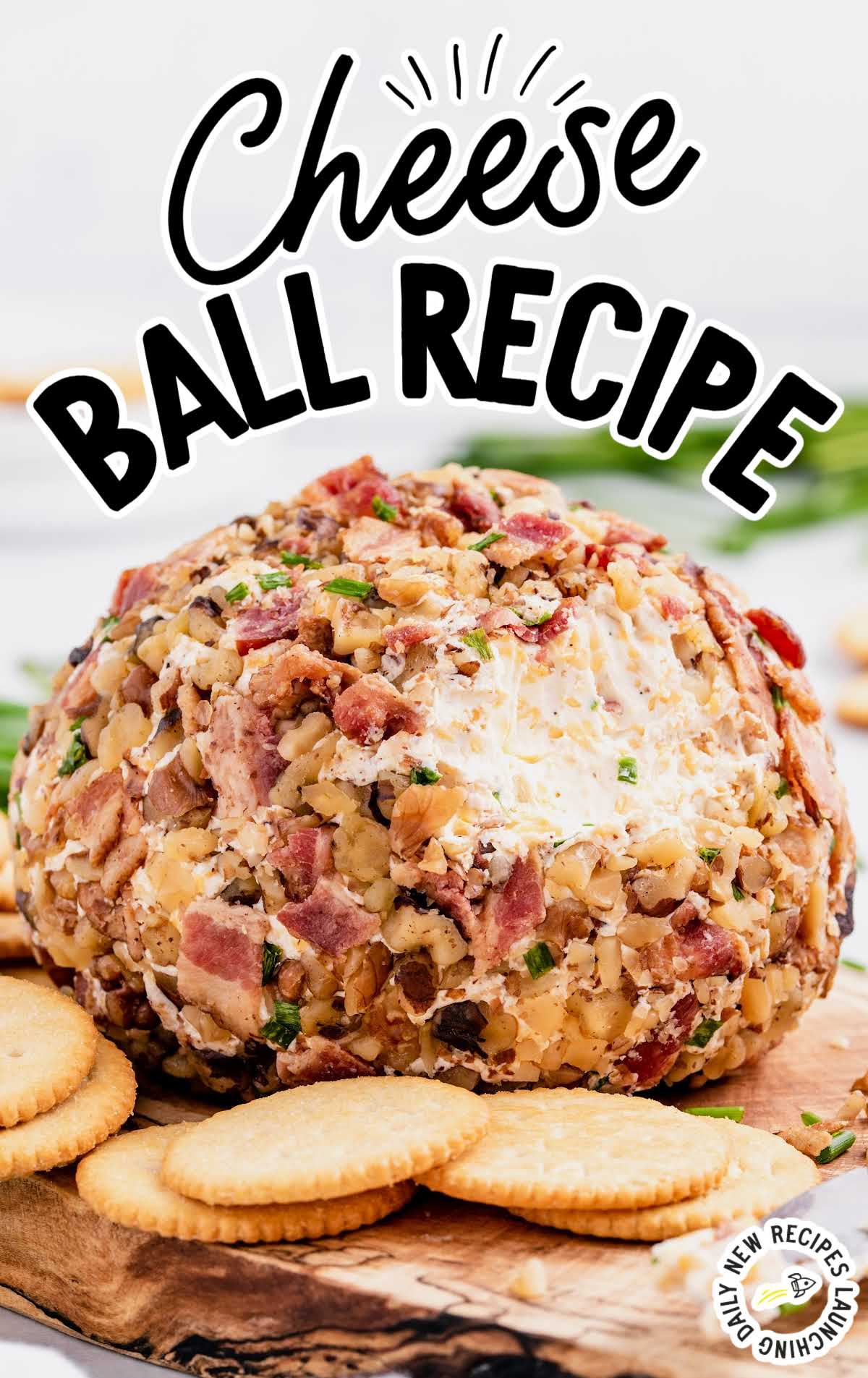 close up shot of cheese ball recipe with ritz crackers