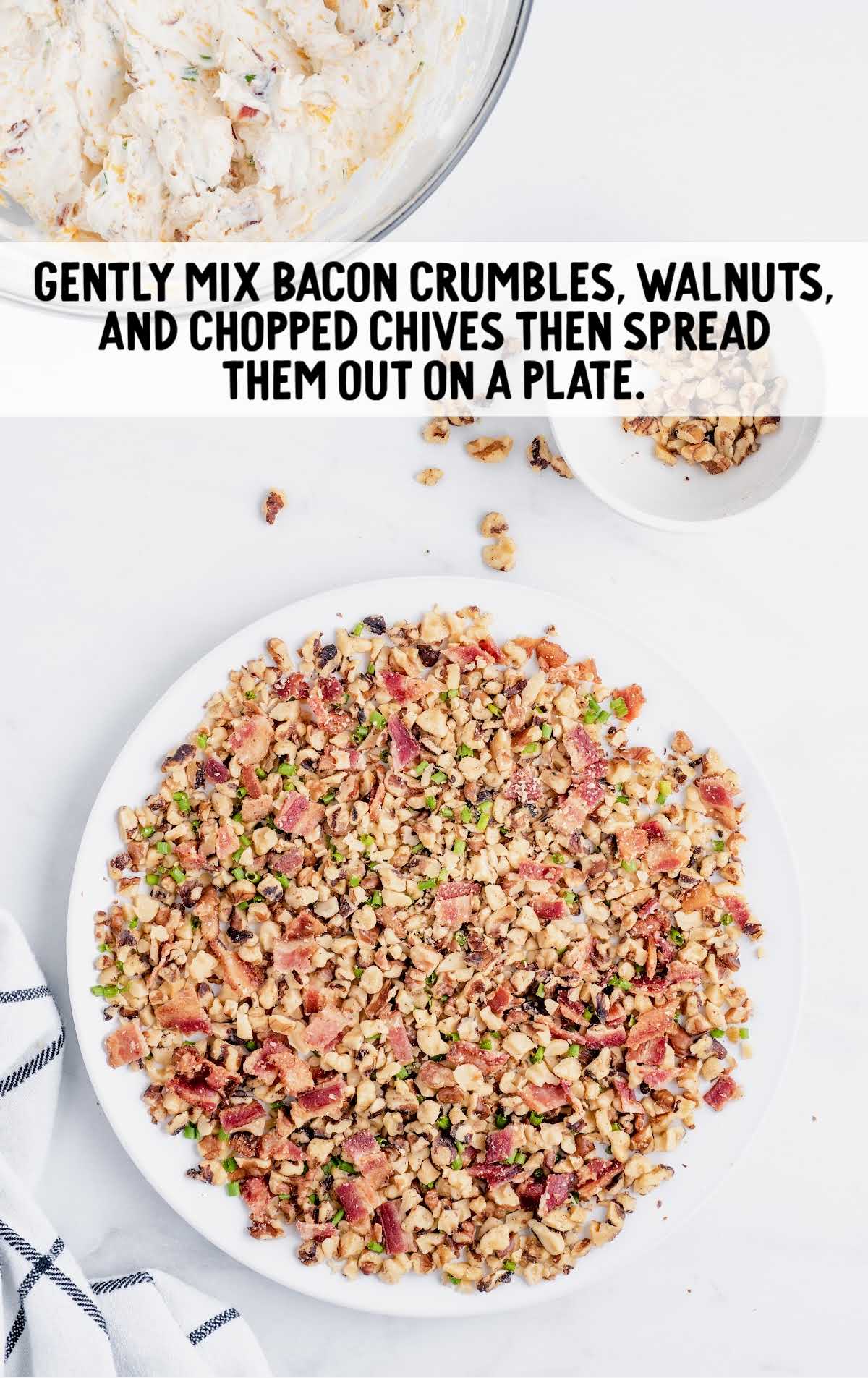 bacon crumbs, walnuts, and chopped chives mixed together