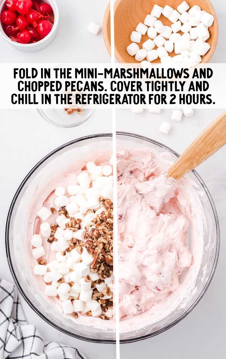 mini marshmallows and chopped pecans added to the fluff in a bowl