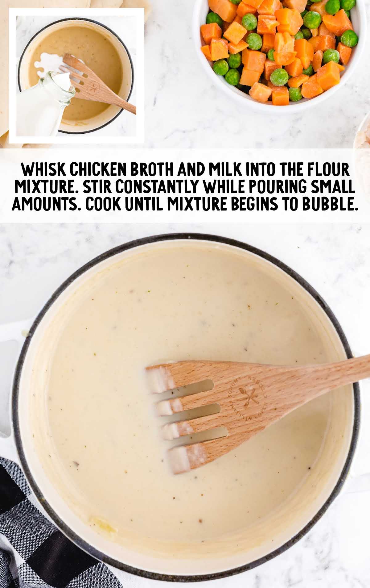 chicken broth and whole milk added to the pot with a wooden spatula