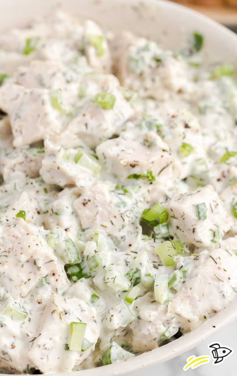 close up overhead shot of a bowl of Chicken salad