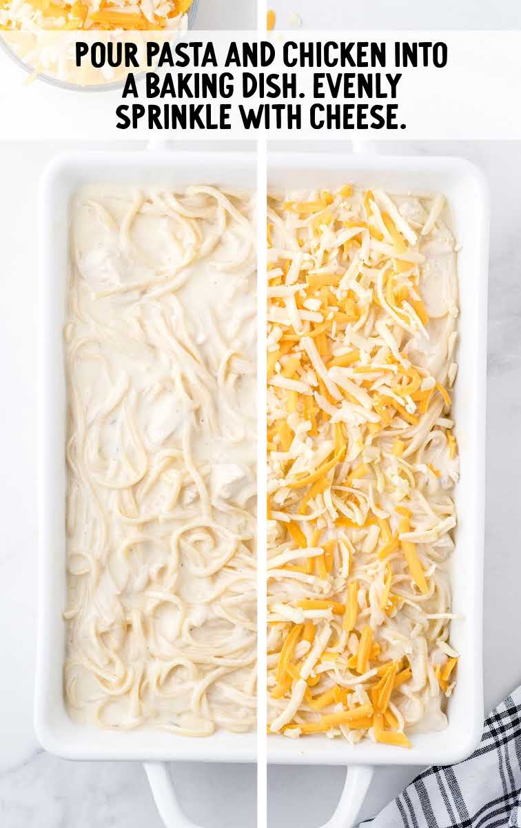 Chicken Tetrazzini process shot of pasta being topped with cheese in a baking dish