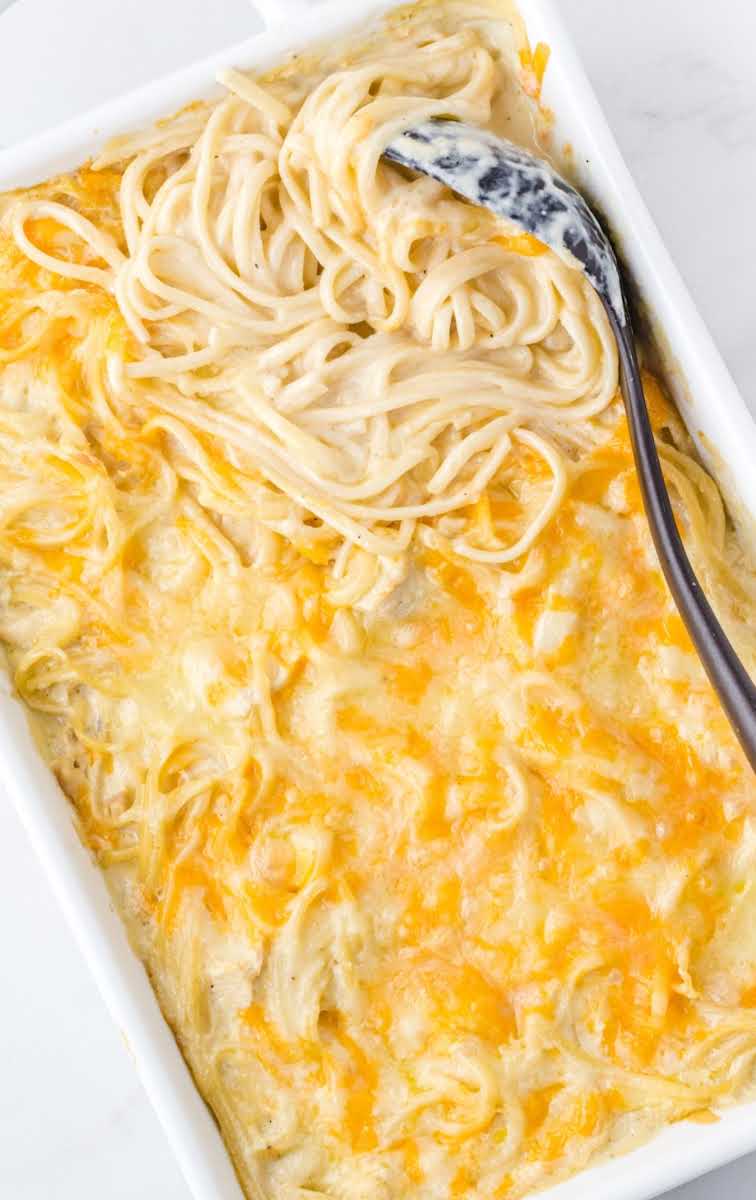 close up overhead shot of a baking dish of Chicken Tetrazzini