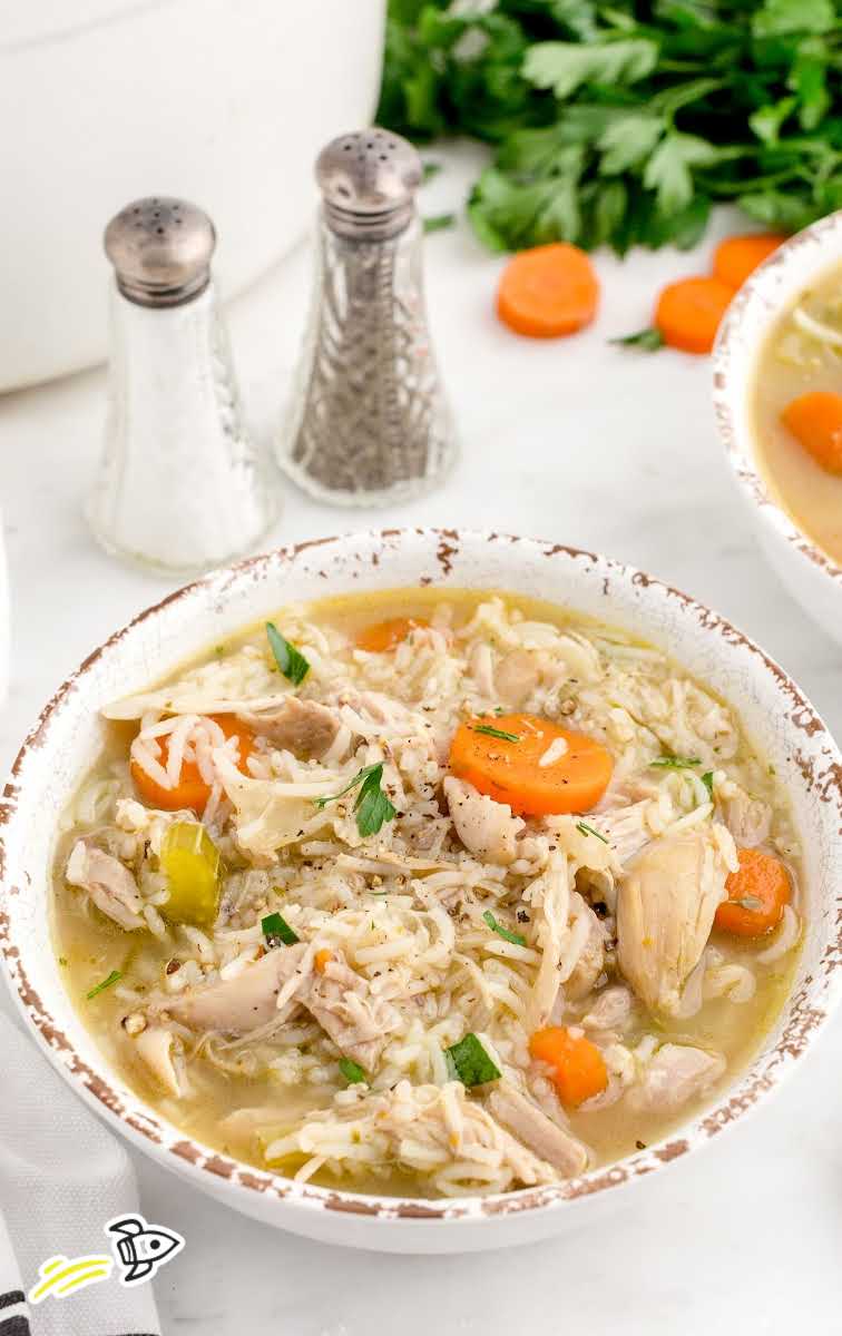 close up shot of a bowl of Chicken and Rice Soup