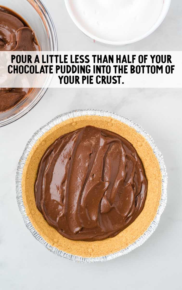 chocolate pudding being poured on top of pie crust
