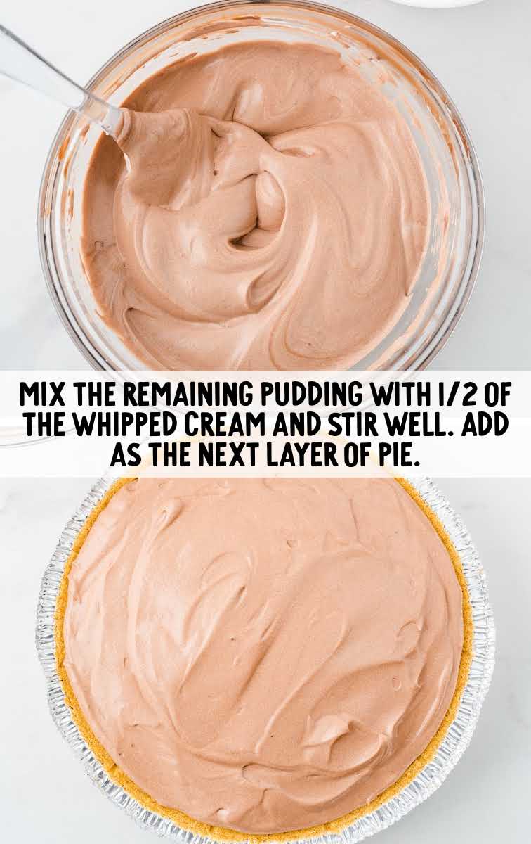 whipped cream mixture being mixed together and then being spread on top of pie