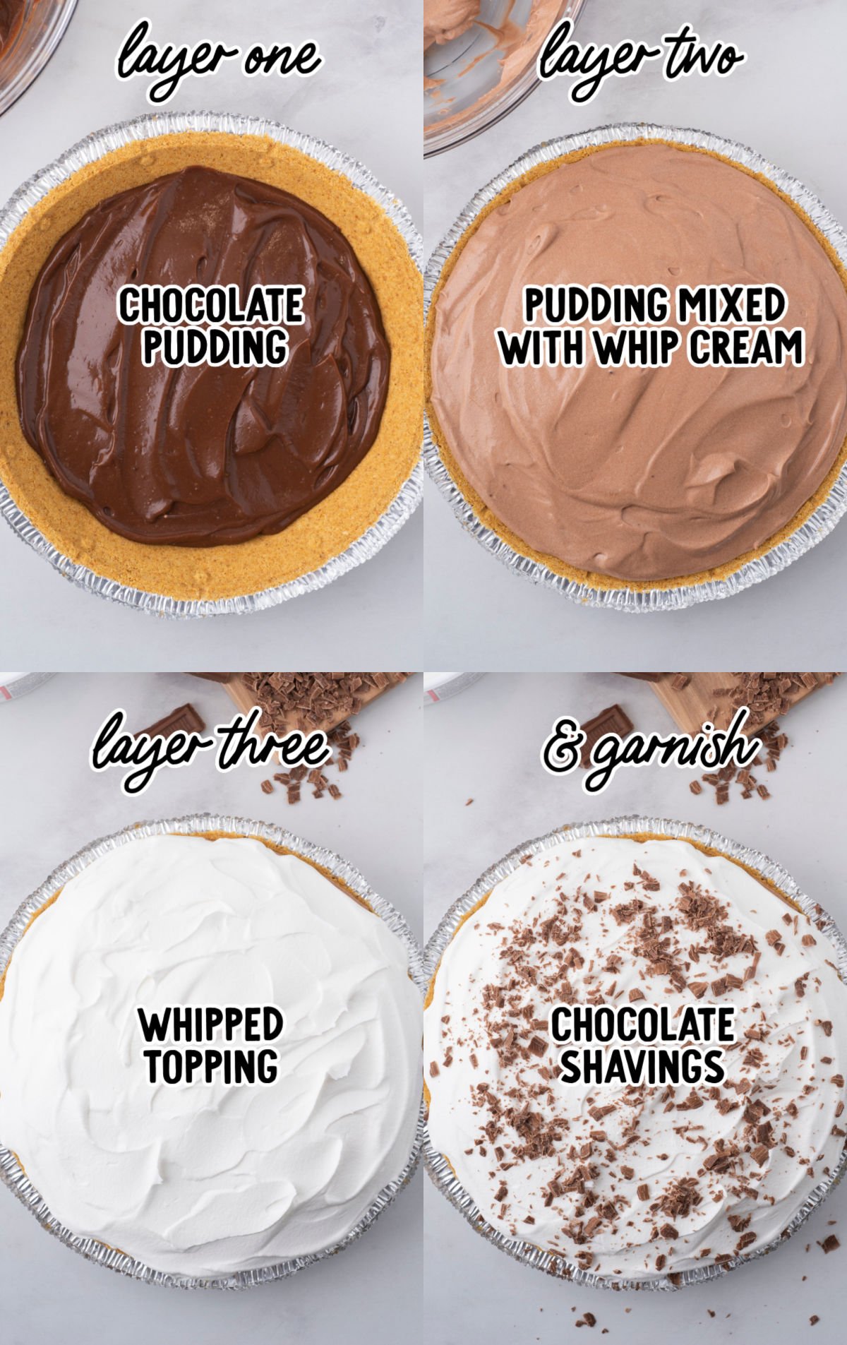 A four-panel image showing the step-by-step layering process of a no-bake chocolate pudding pie. The first panel, labeled "Layer One," displays a graham cracker crust filled with smooth chocolate pudding. The second panel, labeled "Layer Two," shows a layer of chocolate pudding mixed with whipped cream spread evenly over the first layer. The third panel, labeled "Layer Three," highlights the addition of a fluffy whipped topping layer. The final panel, labeled "& Garnish," features the pie topped with chocolate shavings for a decorative finish.