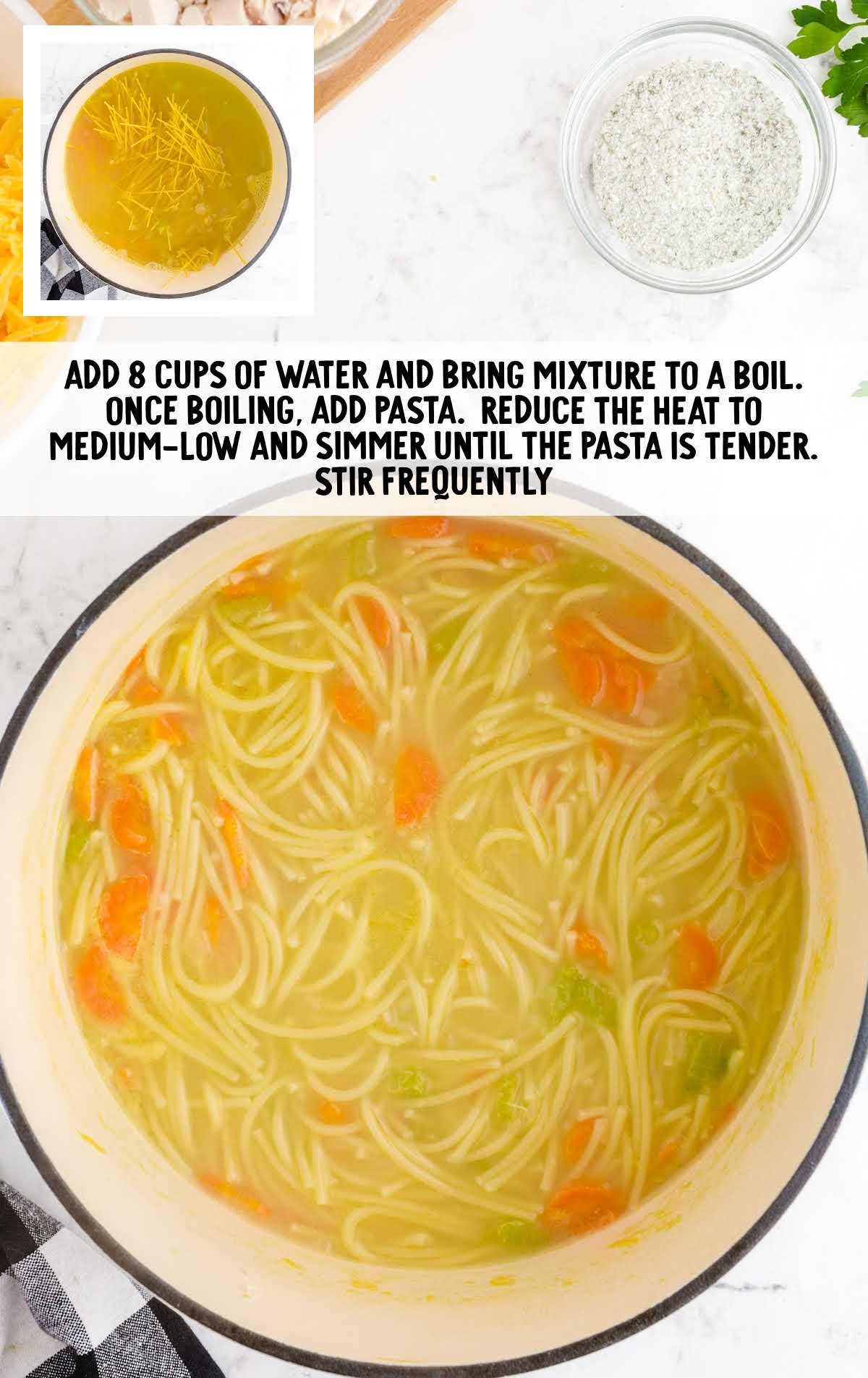 a pot of chicken noodle soup
