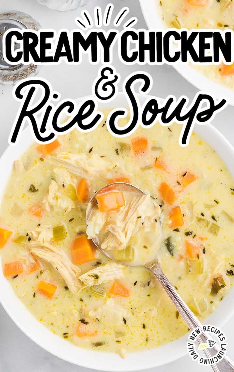 close up overhead shot of a serving of Creamy Chicken and Rice Soup in a bowl with a spoon