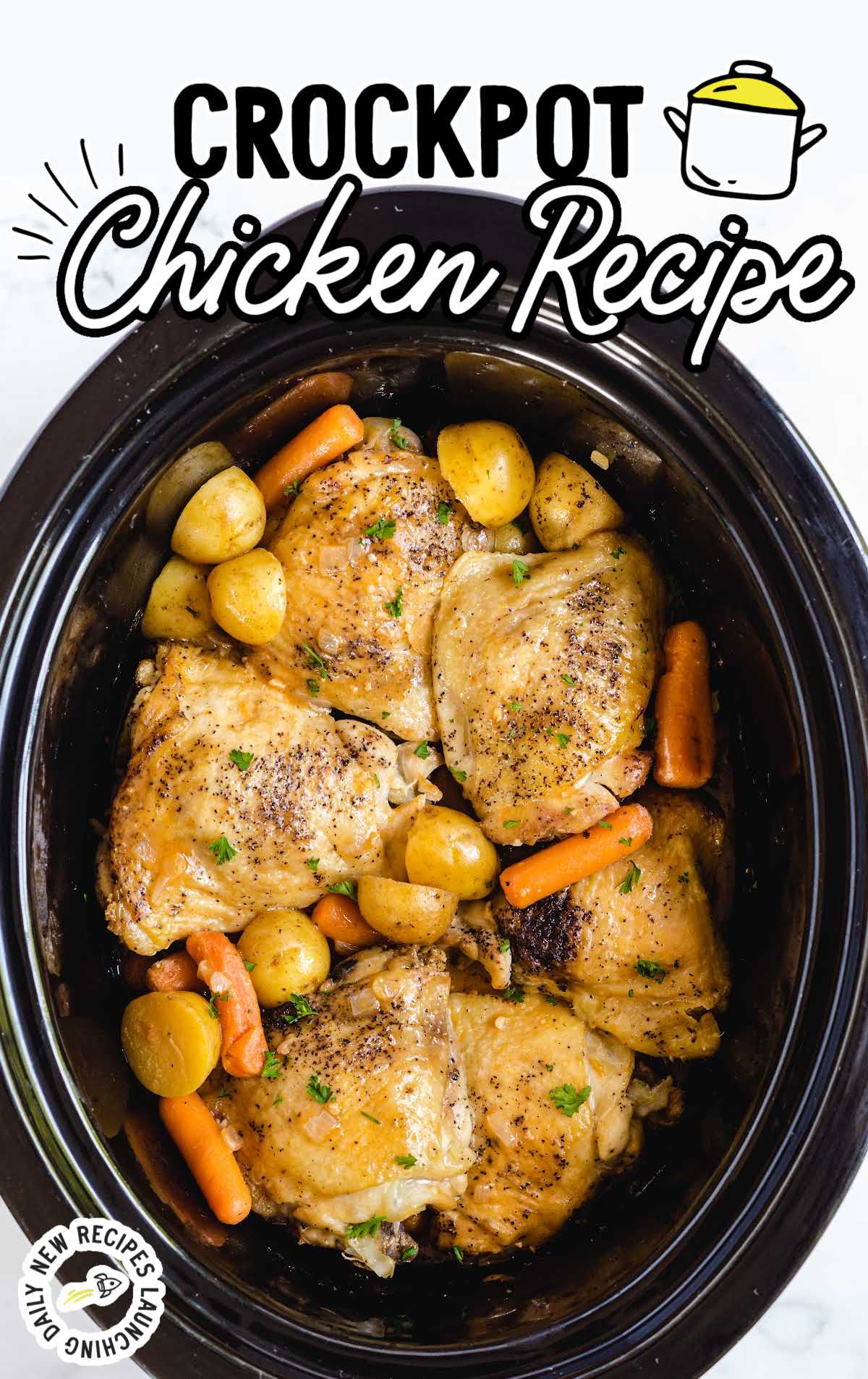Plate of creamy slow cooker chicken with mashed potatoes and a fork on the side.
