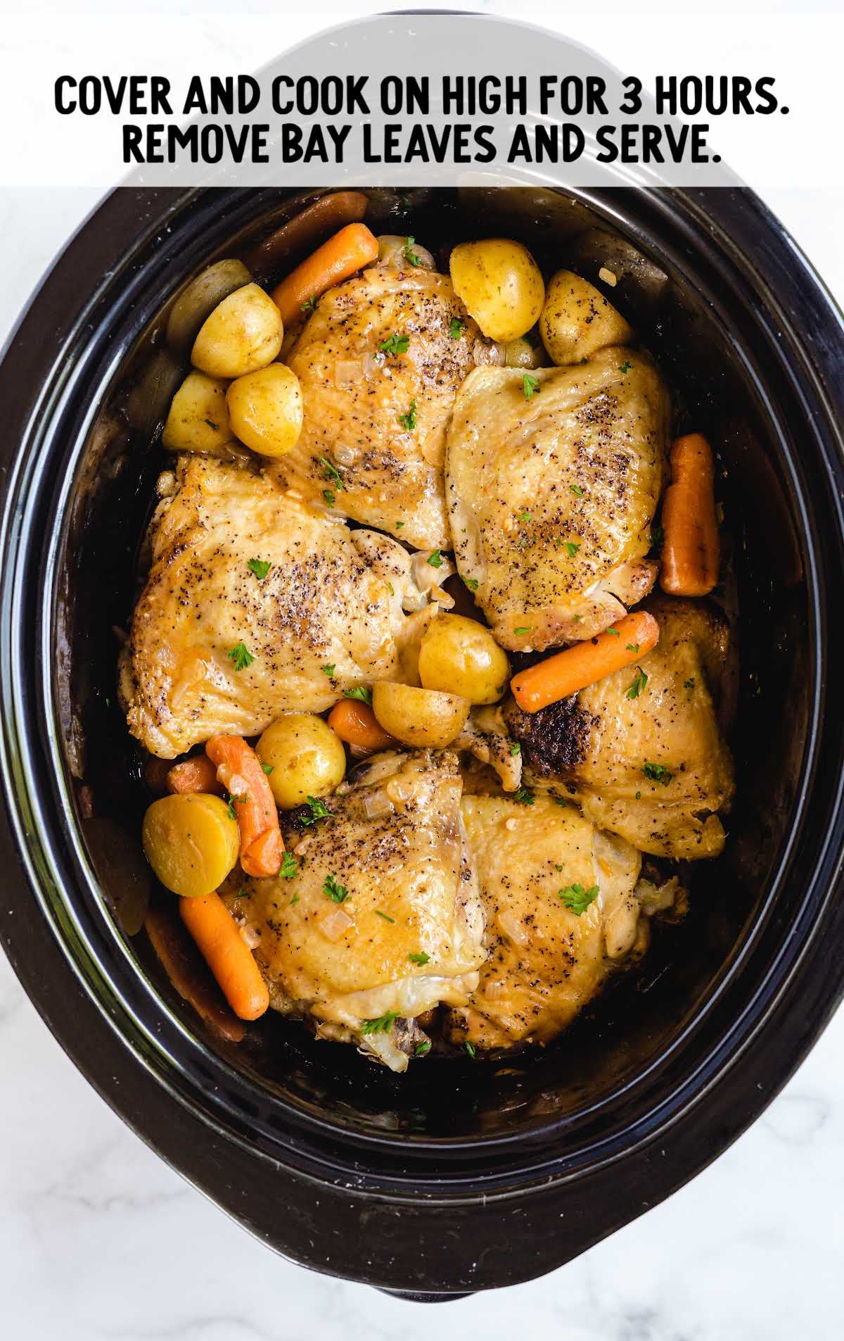 Final creamy crockpot chicken mixture fully combined and ready to be served.
