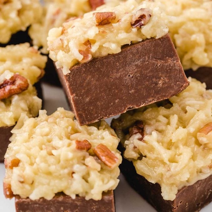 close up shot of German chocolate fudge topped with frosting