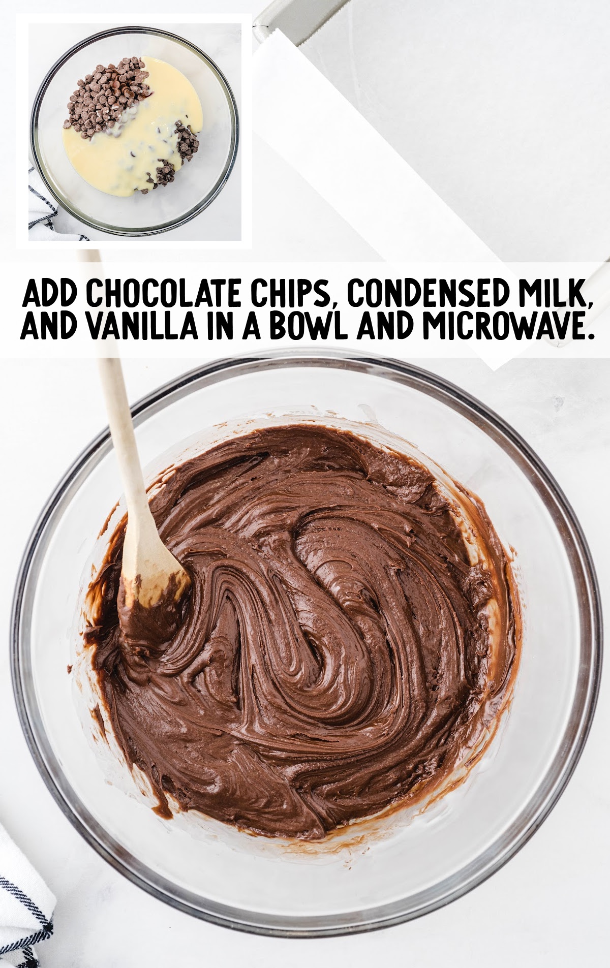 chocolate chips, milk, vanilla being mixed together in a bowl