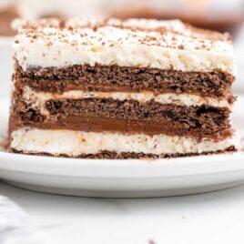 close up shot of icebox cake on a white plate