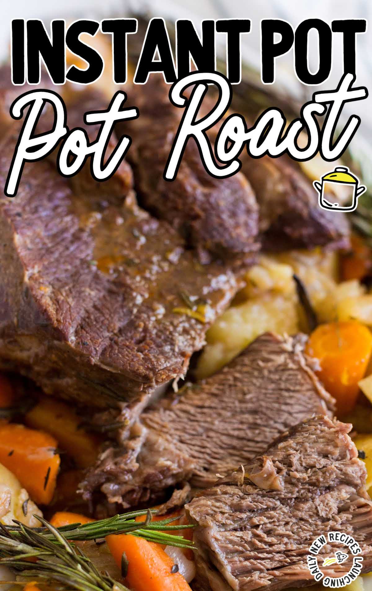 close up shot of instant pot pot roast served over carrots and potatoes on a plate