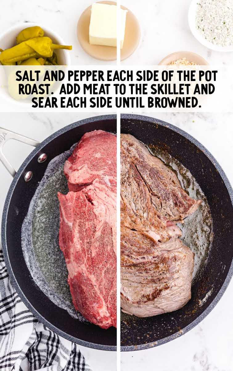 pot roast meat being seasoned and browned in a skillet