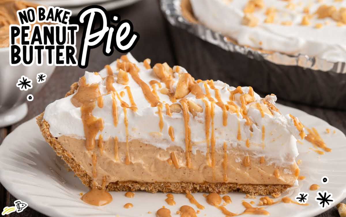 Peanut butter pie slice with graham cracker crust topped with chopped peanut butter cups, chocolate sauce, and peanut butter drizzle.