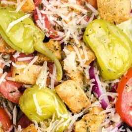 close up overhead shot of a bowl of Olive Garden Salad Recipe