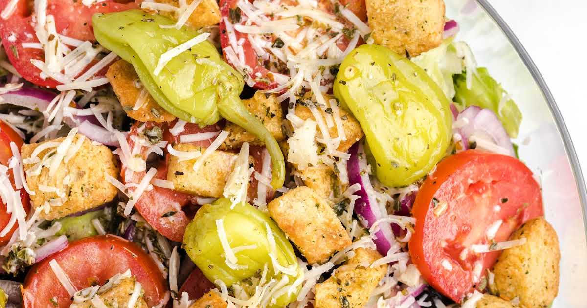 close up overhead shot of a bowl of Olive Garden Salad Recipe