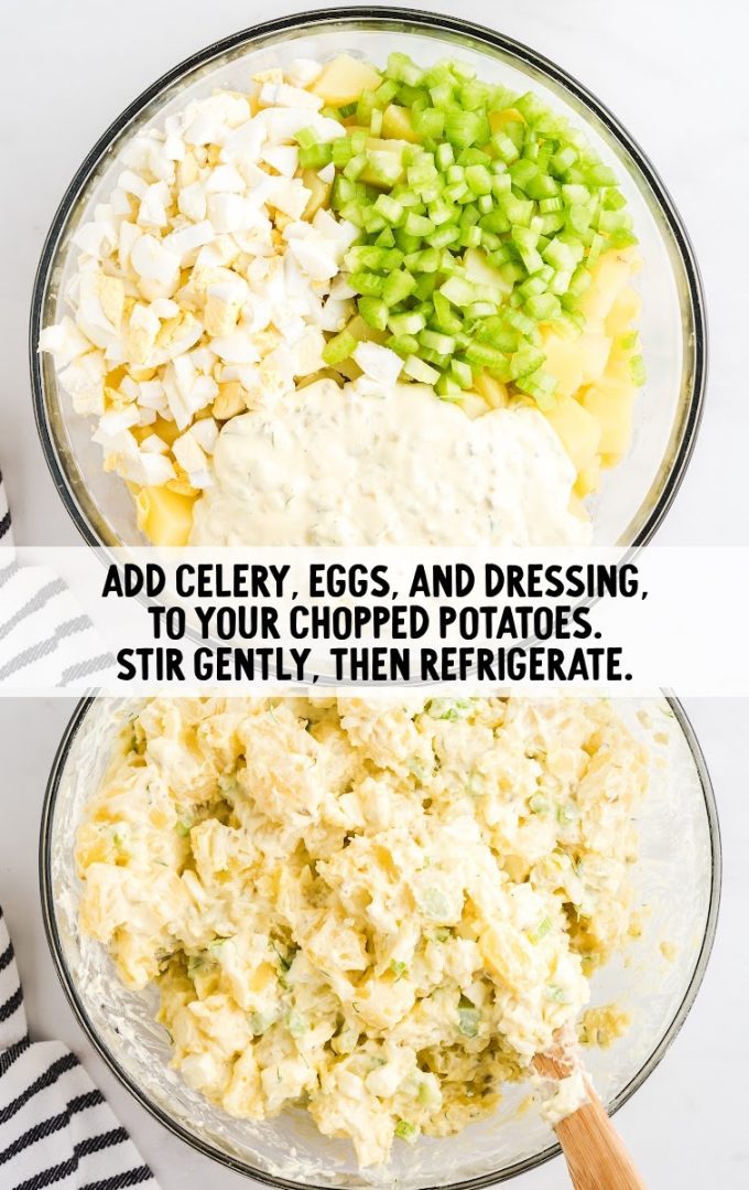 Celery, eggs, and dressing added to the potatoes