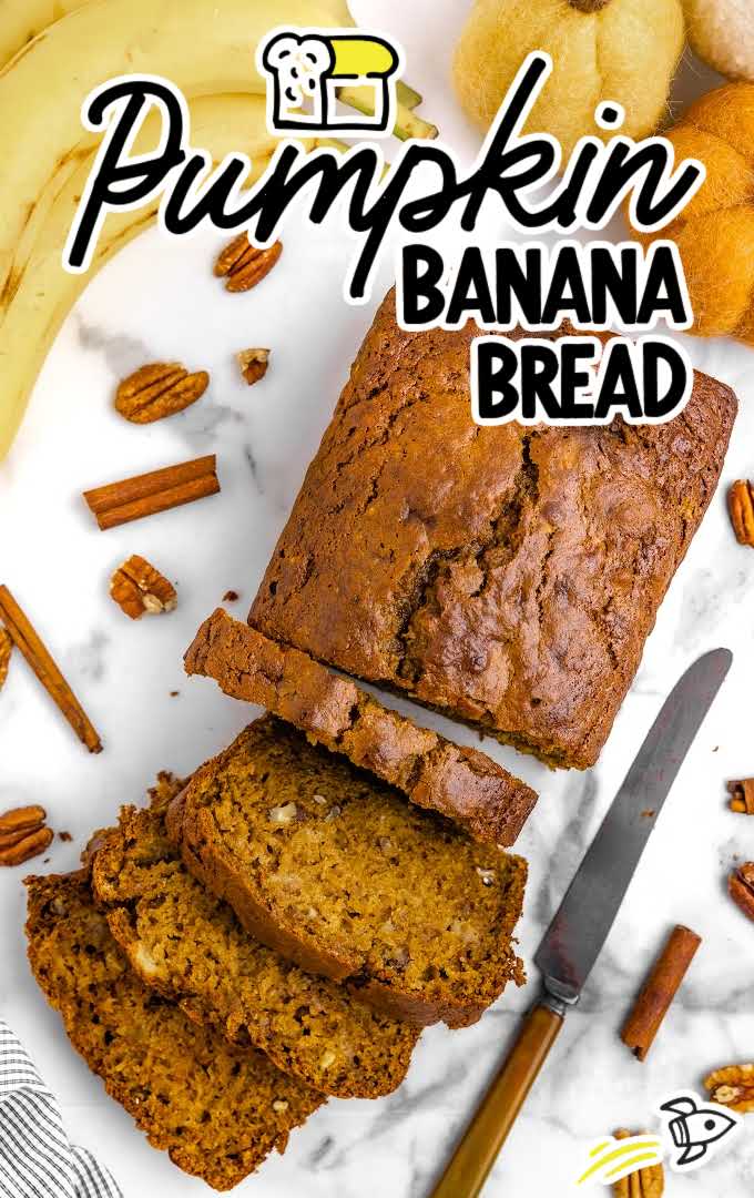 close up overhead shot of a loaf of Pumpkin Banana Bread with slices cut out