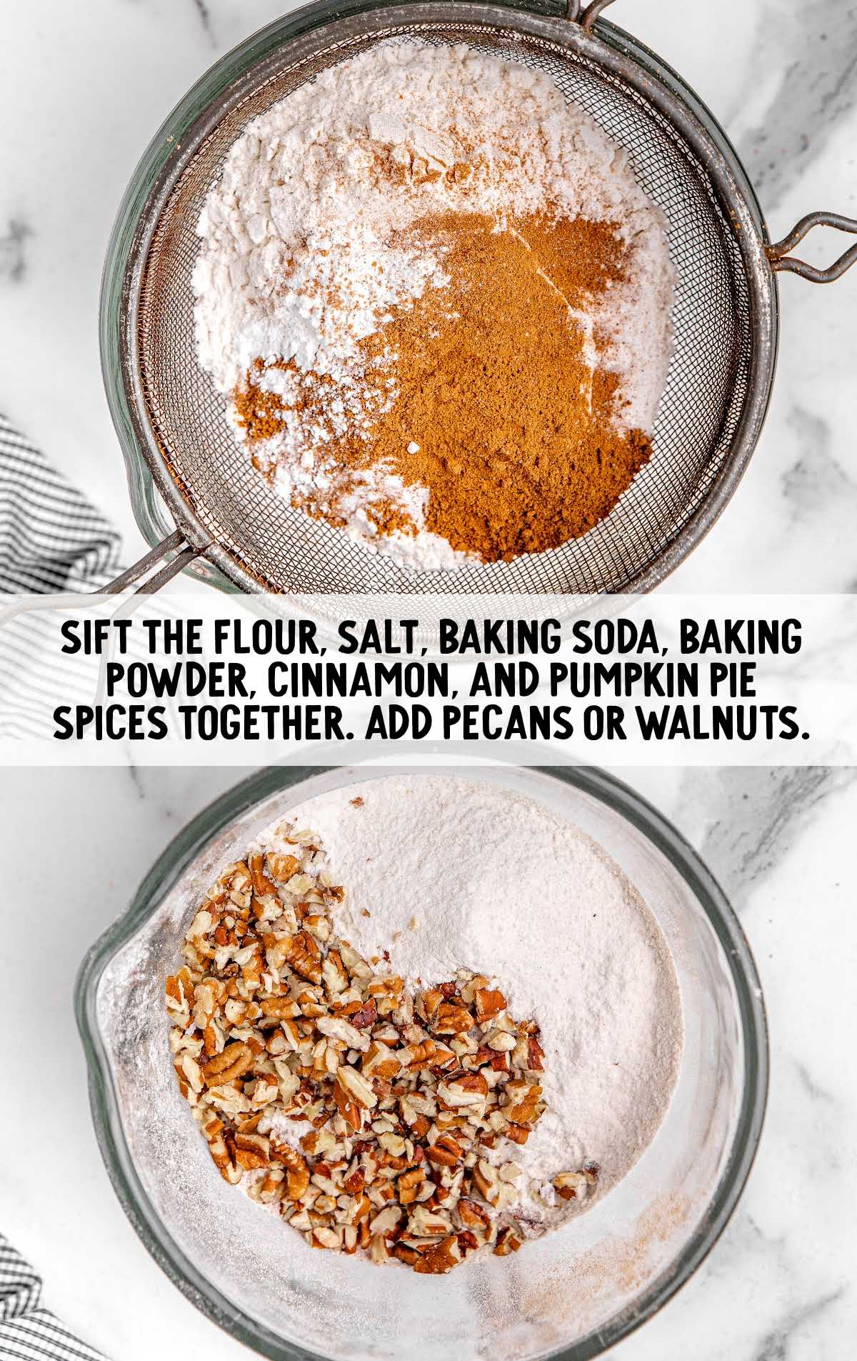 flour, salt, baking soda, baking powder, cinnamon, and pumpkin pie spices stirred together and add pecans and walnut