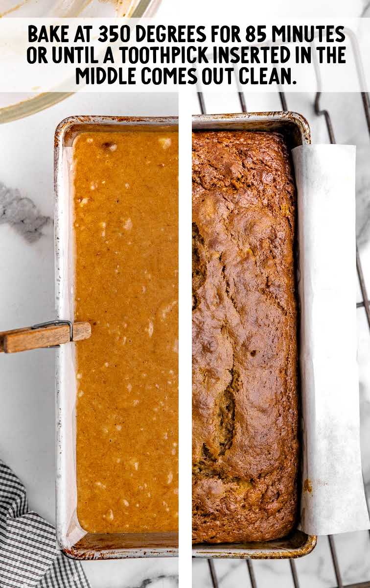 Pumpkin Banana Bread process shot before and after bread is baked