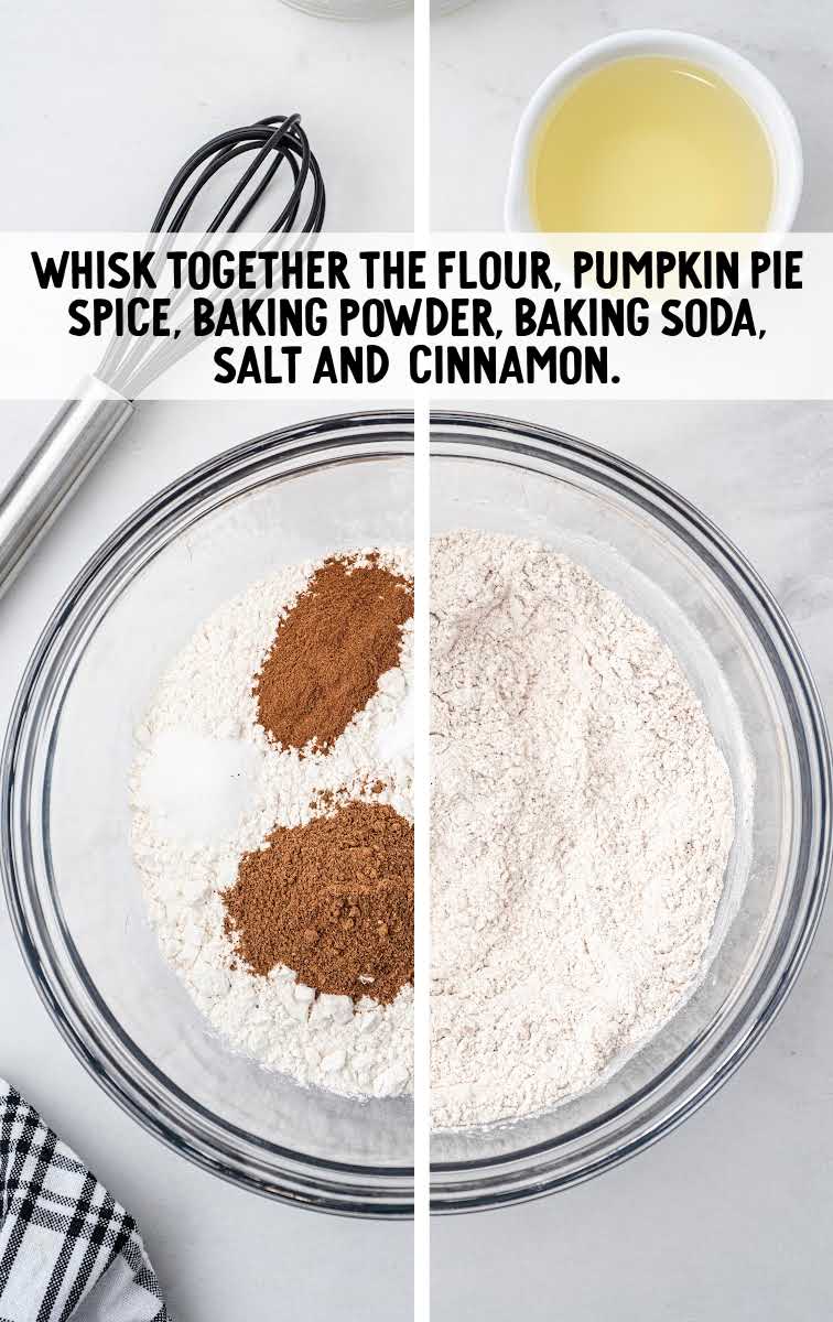 flour, pumpkin pie spice, baking powder, baking soda, salt and cinnamon 