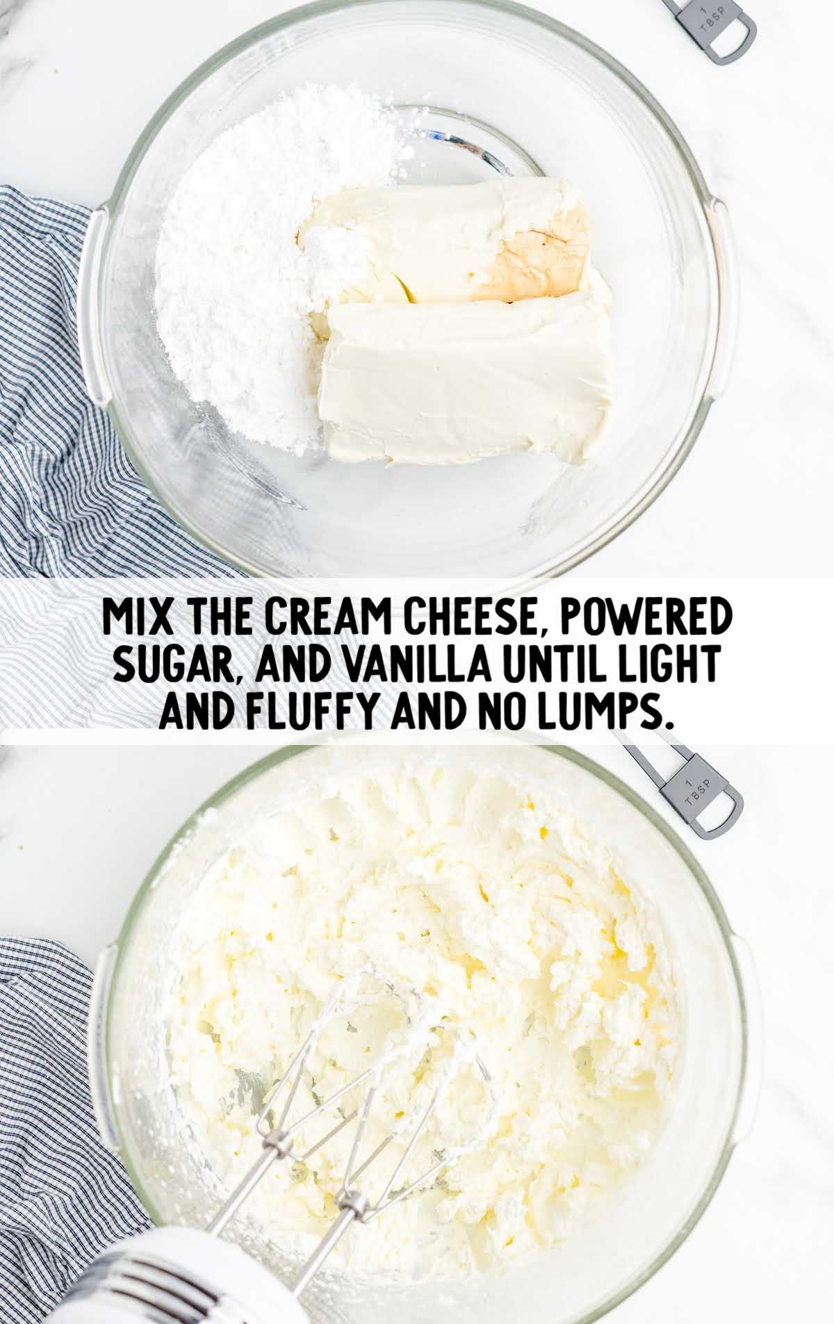 cream cheese, powdered sugar, and vanilla being blended in a bowl